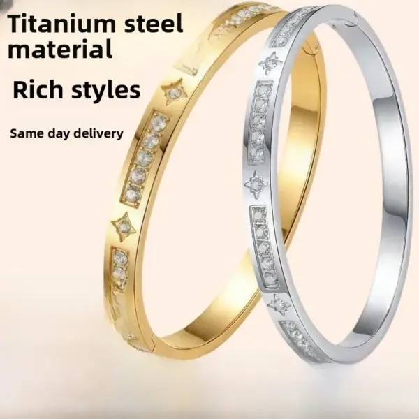 Wholesale Waterproof Non Tarnish Titanium Steel Shell Bangle For Women In Steel Color With Real Gold Plated And Zircon Inlay