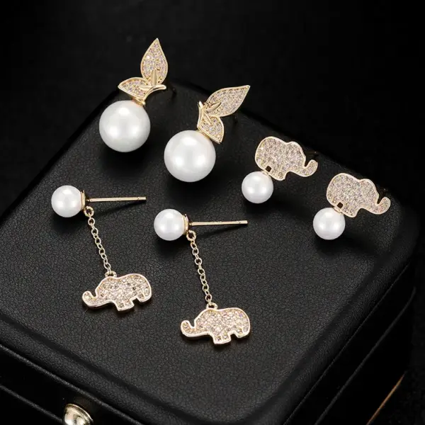 Wholesale Elephant Stud Earrings With Tassel Craft, Electroplated Copper And Zircon Inlay, Featuring 925 Sterling Silver Ear Pins