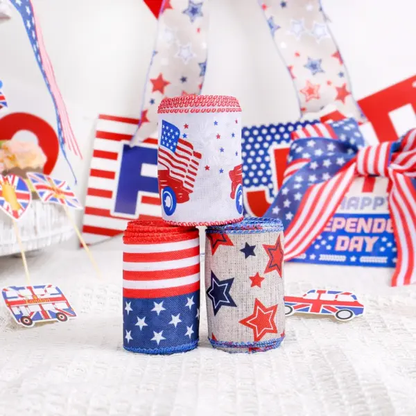 Wholesale Linen Ribbon Stars American Flag Decoration Bow Tie Gift Wrapping Ribbon Independence Day Celebration Party Supplies