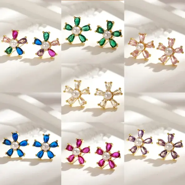 Wholesale Sweet Ins Style Copper Water Plated 18K Real Gold Micro Inlaid Zircon Acrylic Imitation Pearl Flower Stud Earrings