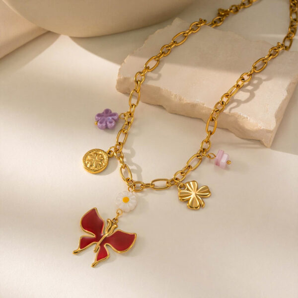 Wholesale Stainless steel pendant necklace with flower and butterfly design, clavicle chain