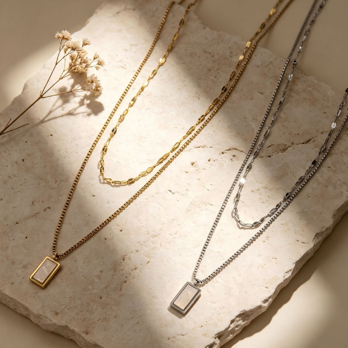 Wholesale Titanium steel double-layered small square pendant necklace with mother-of-pearl pendant; titanium steel colorfast, luxurious clavicle chain