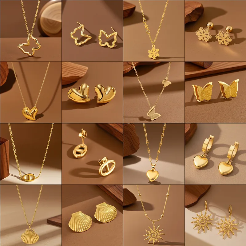 Wholesale Luxurious Stainless Steel Jewelry Set For Women Heart-shaped Water Drop Bell Earrings Necklace Collarbone Chain Fashion Irregular Design Han