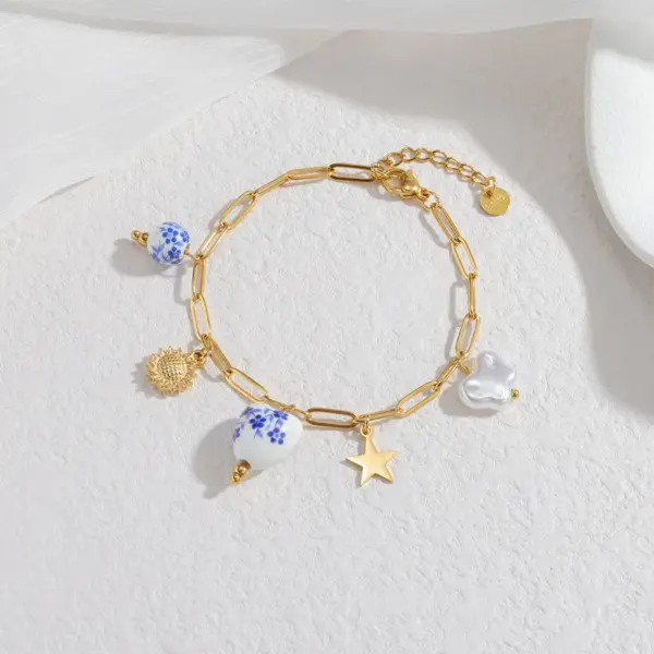 Wholesale Ceramic Blue And White Porcelain Bracelet Titanium Steel Shell Pendant 18K Gold Bracelet