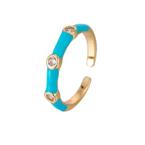 Wholesale Women’s Open Copper Ring With 14K Real Gold Plating And Zircon Inlay Featuring Enamel Color Detail