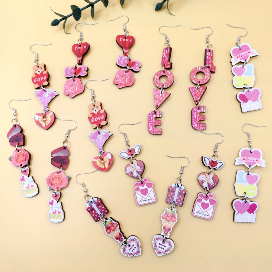 Wholesale New Romantic Valentine's Day Earrings Pink Love Rose LOVE Cupid Bear Simple Distinctive Earrings