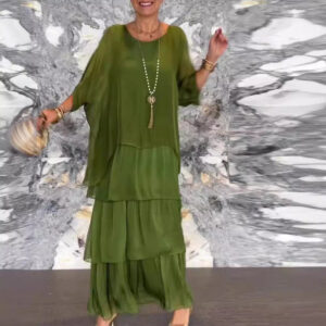 Wholesale 2024 European and American fashion new chiffon mesh batwing sleeve round neck long dress