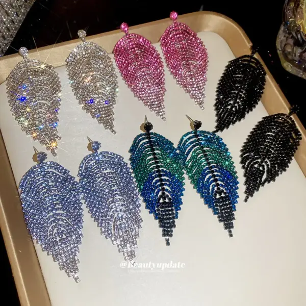 Wholesale Luxurious Leaves Tassel Stud Earrings For Women In Natural Pink Copper With Rhinestone Inlay