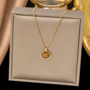 【QYH406】Oval Tiger Eye Necklace / Gold