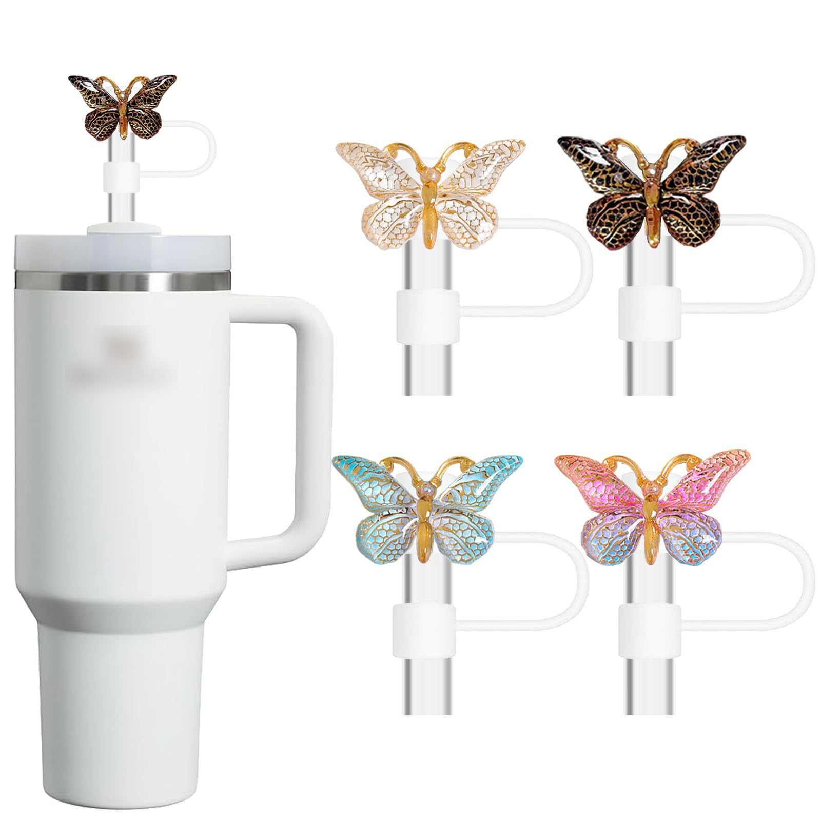 Wholesale Butterfly resin straw cap suit shiny silicone straw cap reusable straw cap