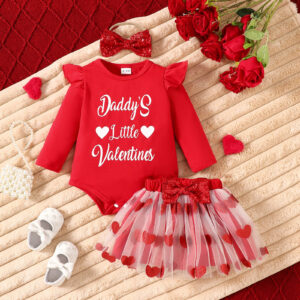 Wholesale Valentine's Day Children's Clothing Baby Girl Sweet Long Sleeve Alphabet Hare Love Printed Mesh Skirt Collar Piece Hair Band Three-piece Set