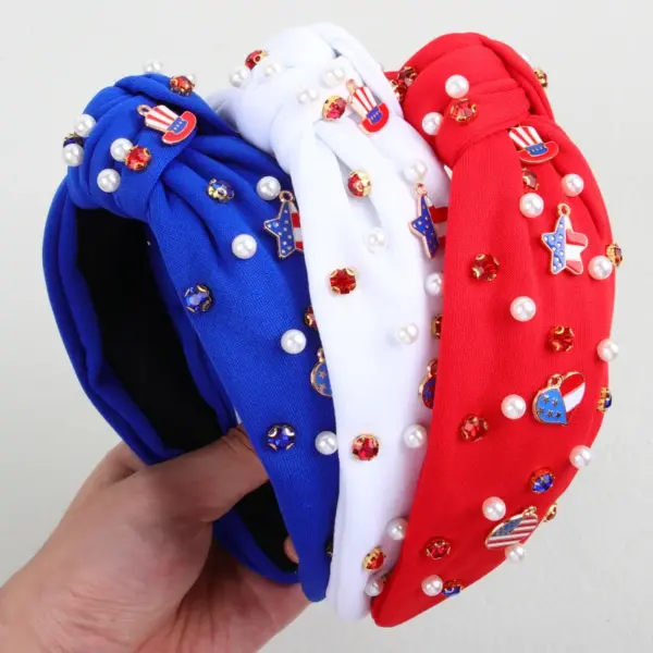 Wholesale Wide Fabric Headband With Pearls And Rhinestones, American Independence Day Flag Colors, Holiday Party Hair Accessories For Women