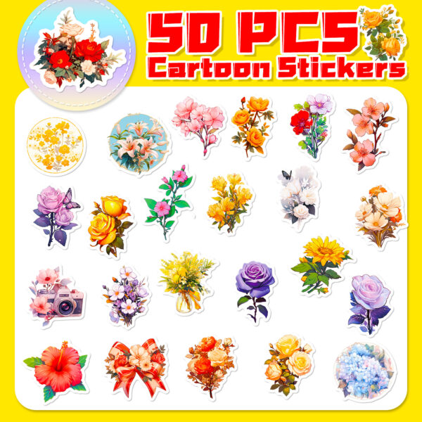 Wholesale Big Sale of 50 Retro Florals Graffiti Stickers Plant Flowers Cartoon Creative Handbook Stickers Export Best-Selling
