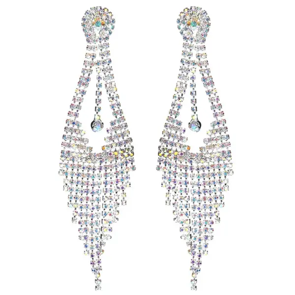 Wholesale Elegant Long Rhinestone Earrings With Tassels, Geometric Design For Women, Bridal Wedding Silver-Plated Water Drop Earrings