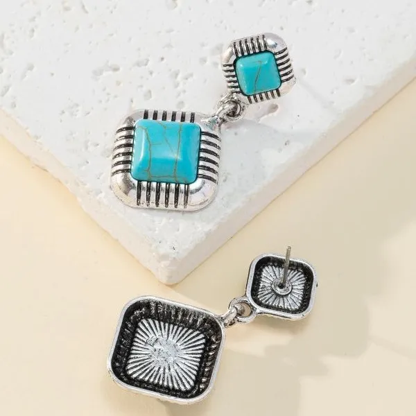 Wholesale Fashion Retro Turquoise Women's Earrings Ethnic Style Jewelry Square Design Alloy Cat Attraction Charm Gold Frog Design Stud Earrings