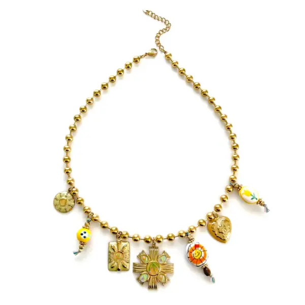 Wholesale Heart Shape Multi Charms Necklace For Women, 304 Stainless Steel, 18K Gold Plated, PVD Coated, Enamel Inlay, Beaded Chain
