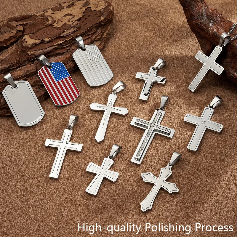 Wholesale DIY Jewelry High-Quality Polished 304 Stainless Steel Rhinestone Cross Handmade National Flag Square Pendant