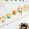 Wholesale New Fashion Design 304 Stainless Steel Furnace Electroplated 18K Real Gold Dried Flower Resin Heart Open Ring