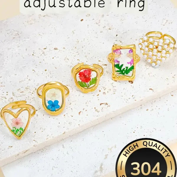 Wholesale New Fashion Design 304 Stainless Steel Furnace Electroplated 18K Real Gold Dried Flower Resin Heart Open Ring