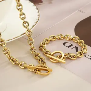 Wholesale 304 Stainless Steel Geometric PVD Coated 18K Real Gold Plated Fashion Waterproof Non Tarnish Plating O-shaped Chain Gold Bracelets Necklace