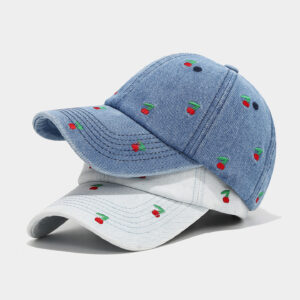 Wholesale Retro cherry embroidered denim baseball cap with soft top that makes your face look smaller.