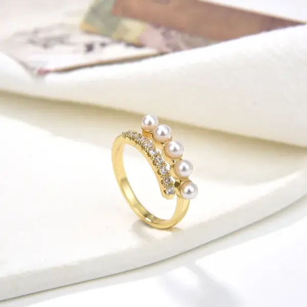 Wholesale Copper Plating 18K Color Retaining Glossy Zircon Imitation Pearl Open Ring