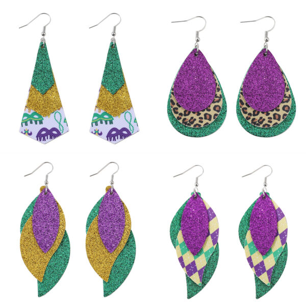 Wholesale  carnival green yellow purple sequins glitter 3 layer PU leather pendant earrings fashion carnival earrings