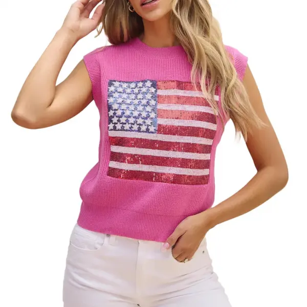 Wholesale Spring 2025 Women's Knitted Round Neck Vest Sequin Patchwork Fashion Trend Casual Style A-Line Standard Length Shoulder Strap
