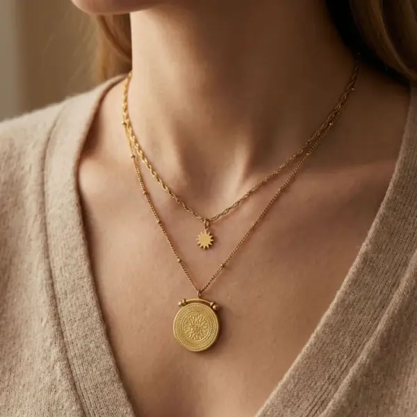 Wholesale Starburst Asymmetrical Necklace For Unisex, Made Of Titanium Steel With 18K Real Gold Plating And Rhinestone Inlay