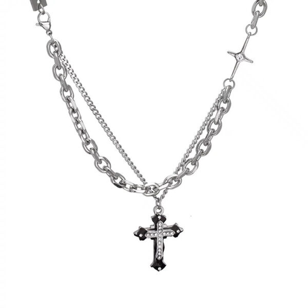 Wholesale Japanese and Korean Double-Layer Stitching Cross Pendant Necklace Women’s Autumn and Winter Cold Fashion Cool Sweat Chain Hip-Hop Accessories