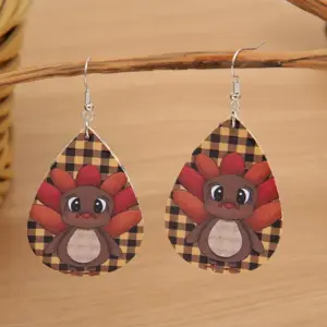 Wholesale Thanksgiving Day Double Sided PU Leather Ear Rings Retro Style Turkey Print Fashionable Women's Jewelry Earring Drop Pattern