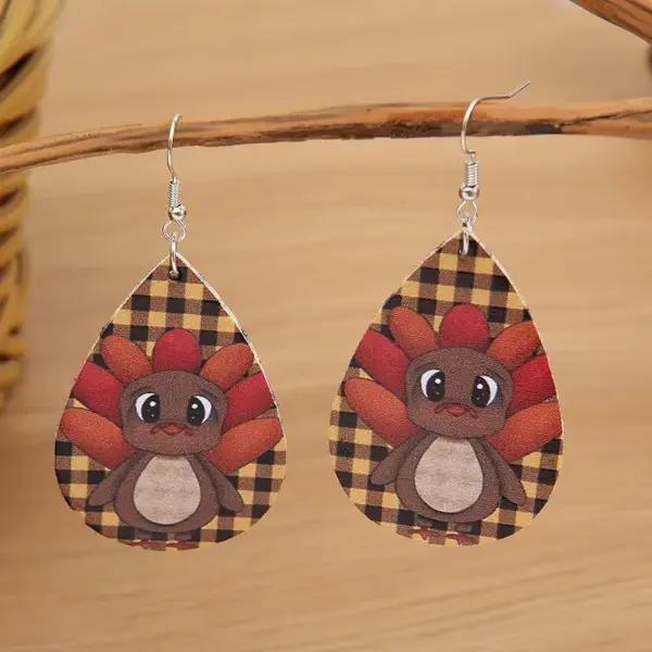 Wholesale Thanksgiving Day Double Sided PU Leather Ear Rings Retro Style Turkey Print Fashionable Women's Jewelry Earring Drop Pattern