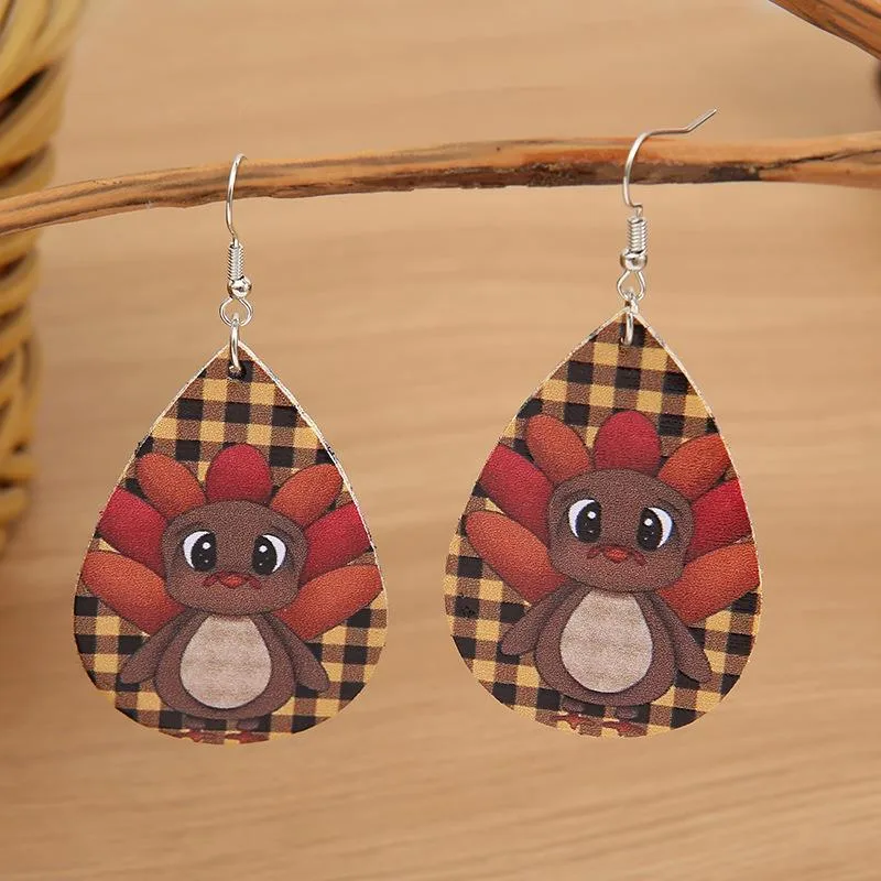 Wholesale Thanksgiving Day Double Sided PU Leather Ear Rings Retro Style Turkey Print Fashionable Women's Jewelry Earring Drop Pattern