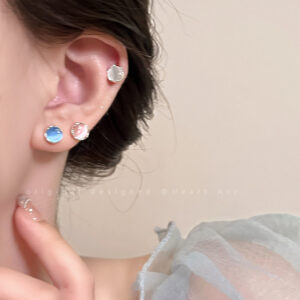 A1904 round-colored cat's eye silver needle stud earring set
