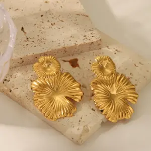 Wholesale PVD Coated Real Gold Plated 18K Gold Leaves 304 Stainless Steel Exaggerated French Style Waterproof Non Tarnish Ear Studs