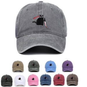 Wholesale Cross-border Europe and the United States Amazon New Black Cat Knife Embroidered Baseball Cap Cotton Old Washed Baseball Cap Outdoor Hugh