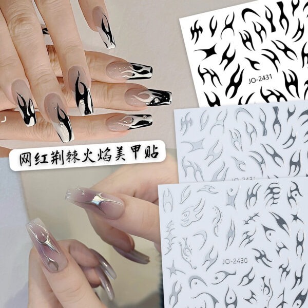 Wholesale Internet Celebrity Thorn Flame Nail Art Stickers Gold and Silver Nail Decorations Small Pattern Black and White Stickers Style