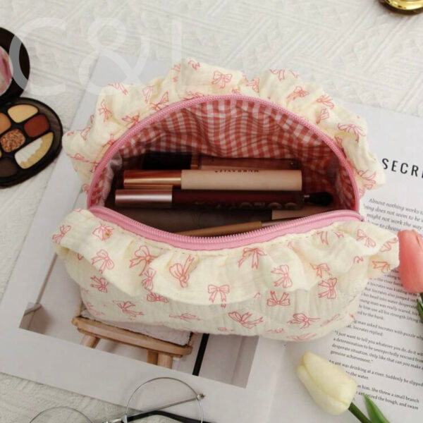 Wholesale Cotton Crepe Fabric Cosmetic Bag Printed Bow Lace Cosmetic Bag Thickened Pleated Cotton Floral Bag