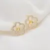 Wholesale 14K Real Gold Plated Copper Stud Earrings With Flowers Pattern And Zircon Inlay, Featuring 925 Sterling Silver Ear Pins