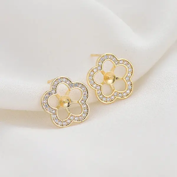Wholesale 14K Real Gold Plated Copper Stud Earrings With Flowers Pattern And Zircon Inlay, Featuring 925 Sterling Silver Ear Pins