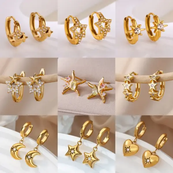 Wholesale Three-dimensional Sun Stud Earrings For Women In 304 Stainless Steel With 18K Gold PVD Coating And Zircon Inlay