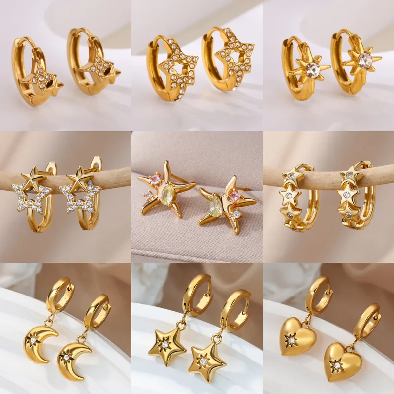 Wholesale Three-dimensional Sun Stud Earrings For Women In 304 Stainless Steel With 18K Gold PVD Coating And Zircon Inlay