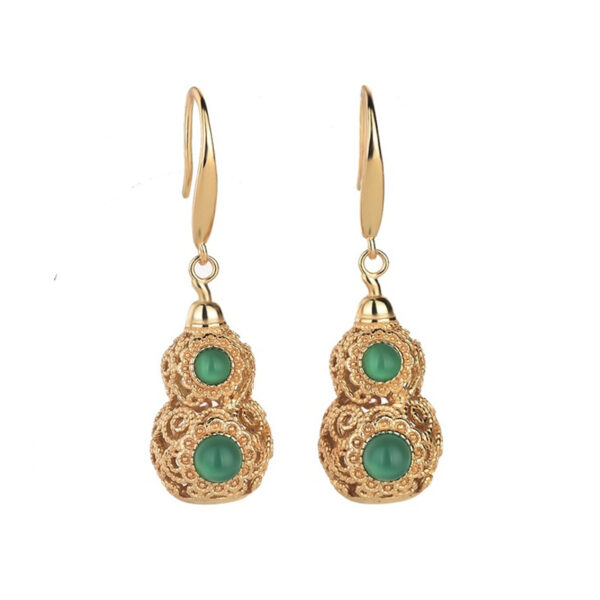 Wholesale [Ancient method plating 24k gold] craft National style earrings hollow gourd chalcedony design retro earrings