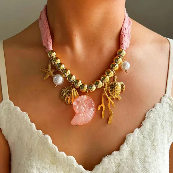 Wholesale 304 Stainless Steel Geometric Starfish Shell PVD Coated Freshwater Pearl Shell Real Gold Plated Nordic Style Vacation Marine Style Waterproof Non Tarnish Surgical Steel Shell Necklace Lobster Trigger Clasp Closure Pendant Necklace