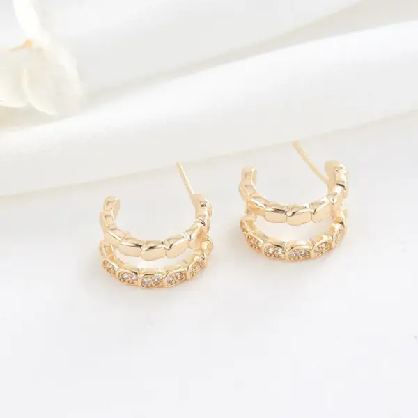Wholesale Three-dimensional Geometric Earrings In Copper With 14K Real Gold Plating And Zircon Inlay, Featuring 925 Sterling Silver Studs