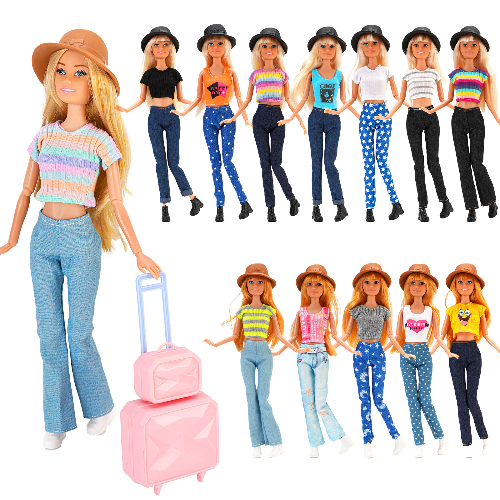 Wholesale Europe and the United States 11 inch 30cm doll fashion travel variety of striped shirt jeans hat toy accessories cross-border