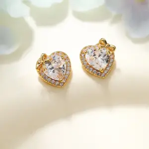 Wholesale Elegant Small Heart Shaped Zircon Earrings For Women Flashing Fashionable Versatile Sweet Cute 925 Silver Needle Copper Plated Real Gold