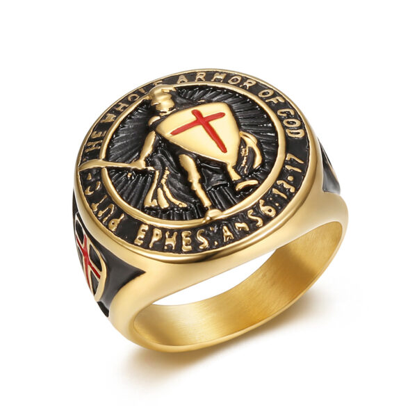 oly-ae8f5693c8d596d19cf25c9c3bc41f1c Wholesale Popular Men's Titanium Steel Gold-Plated Ring Retro Temple Knight Red Cross Shield Ring