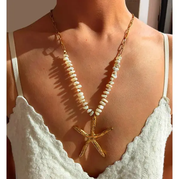 Wholesale 304 Stainless Steel Geometric Starfish Shell PVD Coated Freshwater Pearl Shell Real Gold Plated Nordic Style Vacation Marine Style Waterproof Non Tarnish Surgical Steel Shell Necklace Lobster Trigger Clasp Closure Pendant Necklace