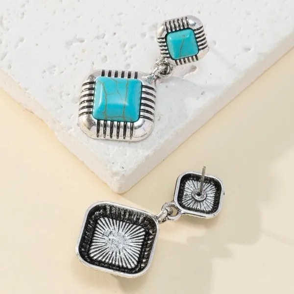 Wholesale Fashion Retro Turquoise Women's Earrings Ethnic Style Jewelry Square Design Alloy Cat Attraction Charm Gold Frog Design Stud Earrings